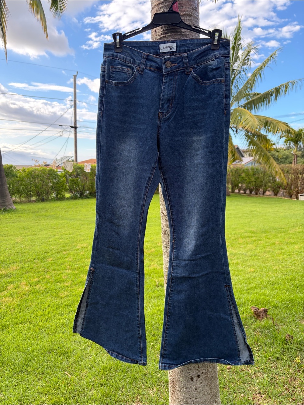 BAMBOO Dark Blue Flare Jeans with Side Slits